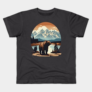 Grizzly Bear Against Scenic Mountain Landscape Design Kids T-Shirt